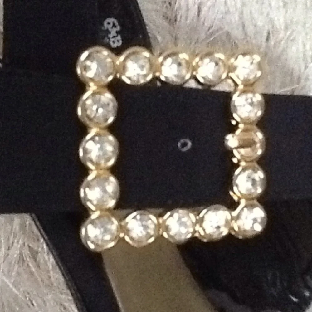 Caparro's‎ Black Satin Rhinestone Large Buckle Square Heels Shoes